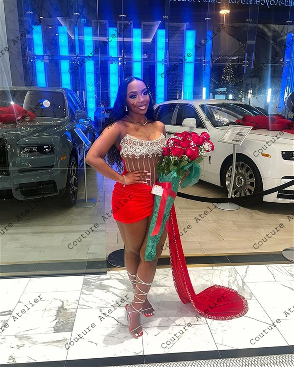 Red Velvet Christmas Day Prom Dresses For Black Girls 2024 Birthday Luxury Party Dress With Beaded Train Mermaid Gala Customized image 2