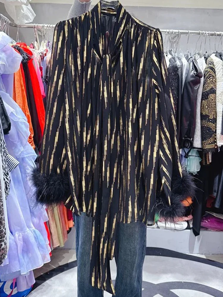 High-grade ostrich feather splicing trumpet sleeve bow tie loose shirt autumn 2025 new fashion Joker temperament blouse