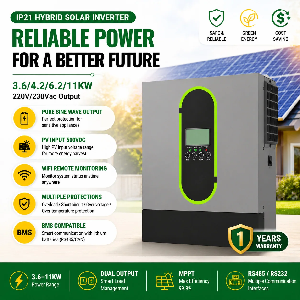 11KW 500V Hybrid Solar Inverter Pure Sine Wave 4000W 6000W 230V AC PV Inverters For Lithium LifePo4 Battery On Off Grid System