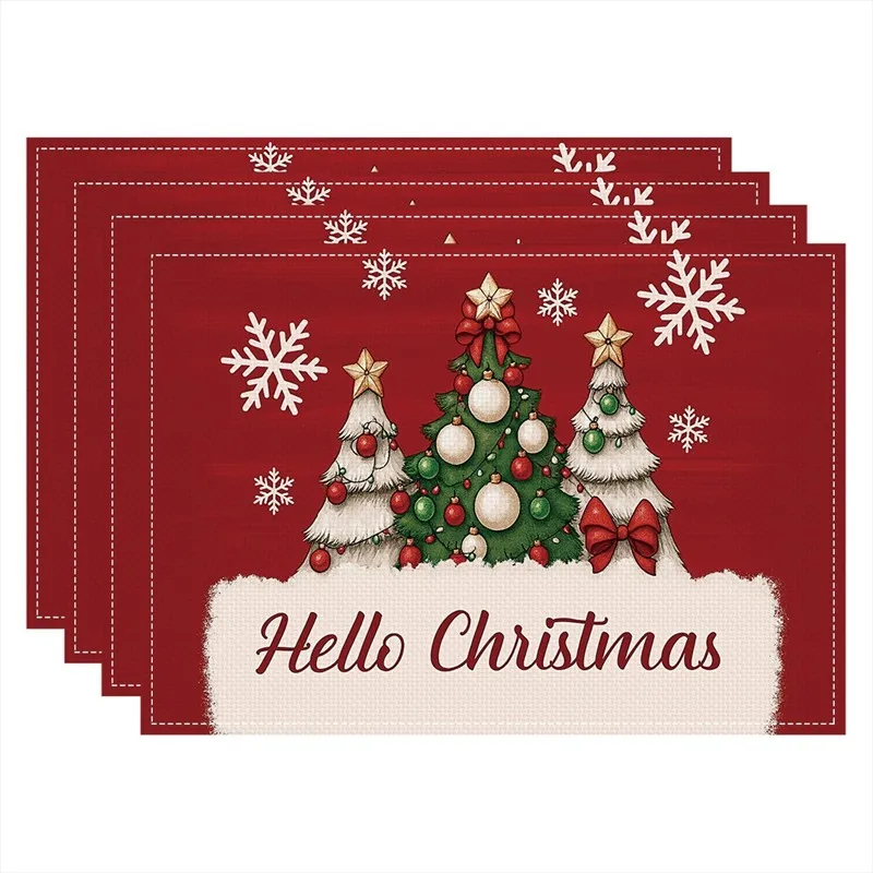 VIKAMA Linen Placemats Hello Christmas Snowy Trees, Red White, Stain Resistant Easy to Clean, Dining Table Holiday Decor