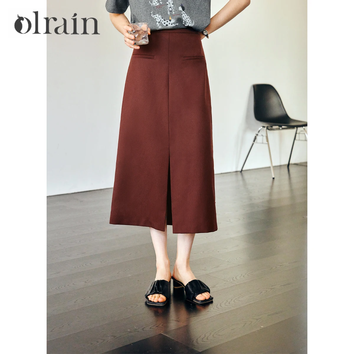 OLrain Office Ladies Red Midi Skirt Woman Summer 2026 Elegant Fashion Straight Split Skirts Women Casual Clothing O57XB95016