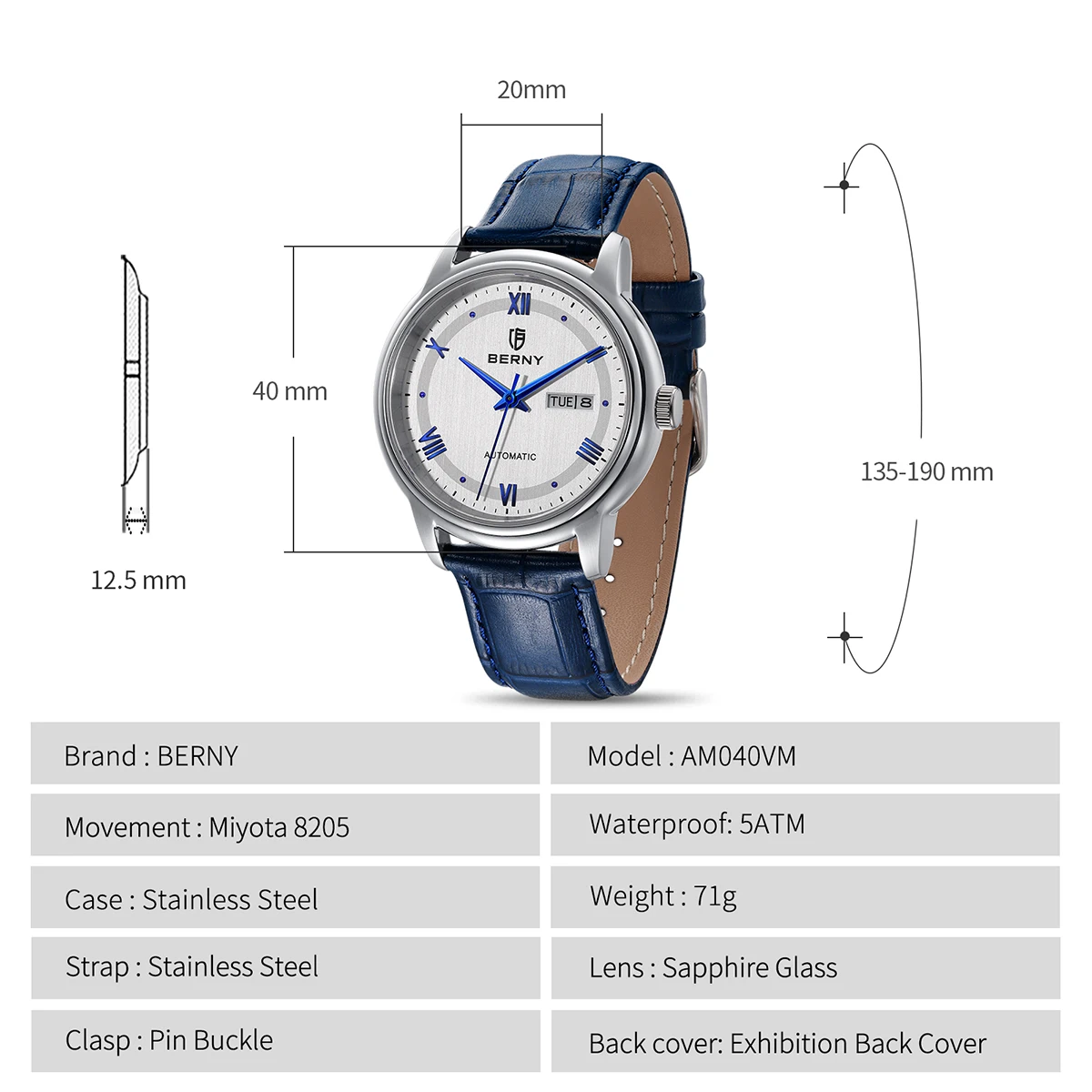 BERNY Classic De Ville Watch for Men Branded Automatic Mechanical Wristwatch Sapphire Luxury Affordable Timeless Elegance Watch