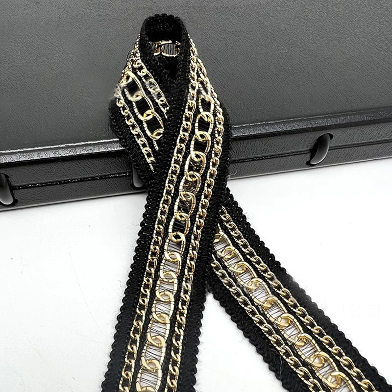 1Yard Black Ribbon Gold Aluminum Chain Crochet Woven Lace DIY Sewing Collar Accessories Beading Braid Lace Trims Dress Fabric