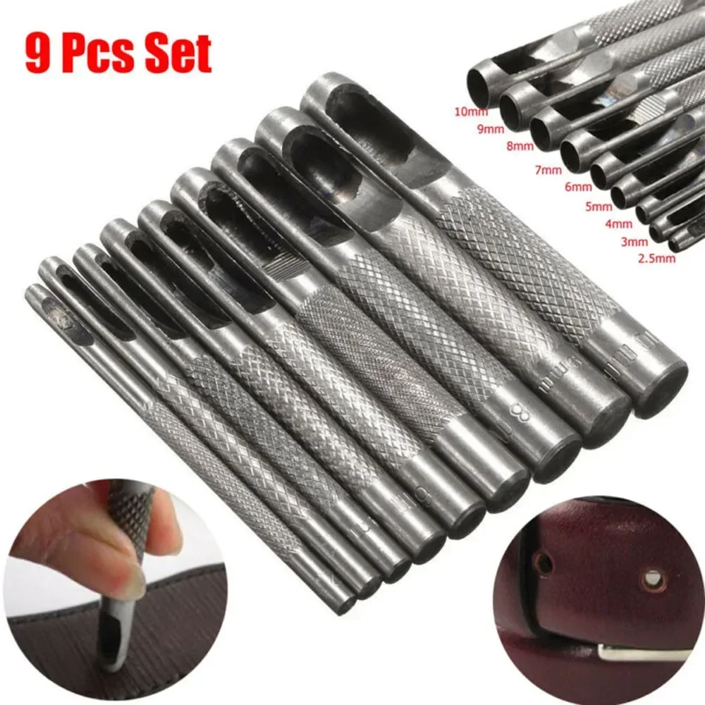 

9 шт., 2,5-10 мм, конструкция из углеродистой стали, сверхмощная полая кожаная прокладка для отверстий, набор дыроколов, резак для ремня, набор перфораторов для Wad