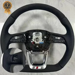 For Audi Q5 Flat-bottom Sports Heated Alcantara Punched Leather Gray Stitching Steering Wheel Base With S/RS Logo Assembly
