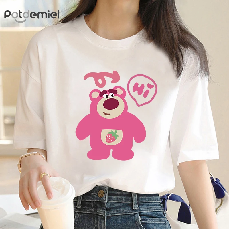 Short-sleeved Casual women Fashion Women's Graphic T-shirt Women's Strawberry Bear Sweet Cartoon Print Summer T-shirt