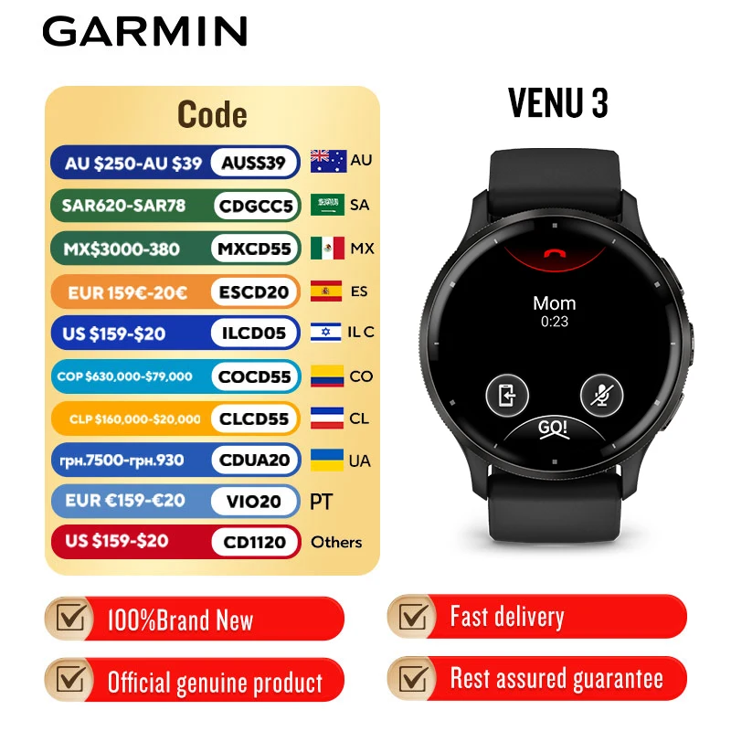 Garmin venu3s/3 러닝 피트니스 러닝, HRV, 수영 및 스마트워치를 위한 전문 스포츠 시계