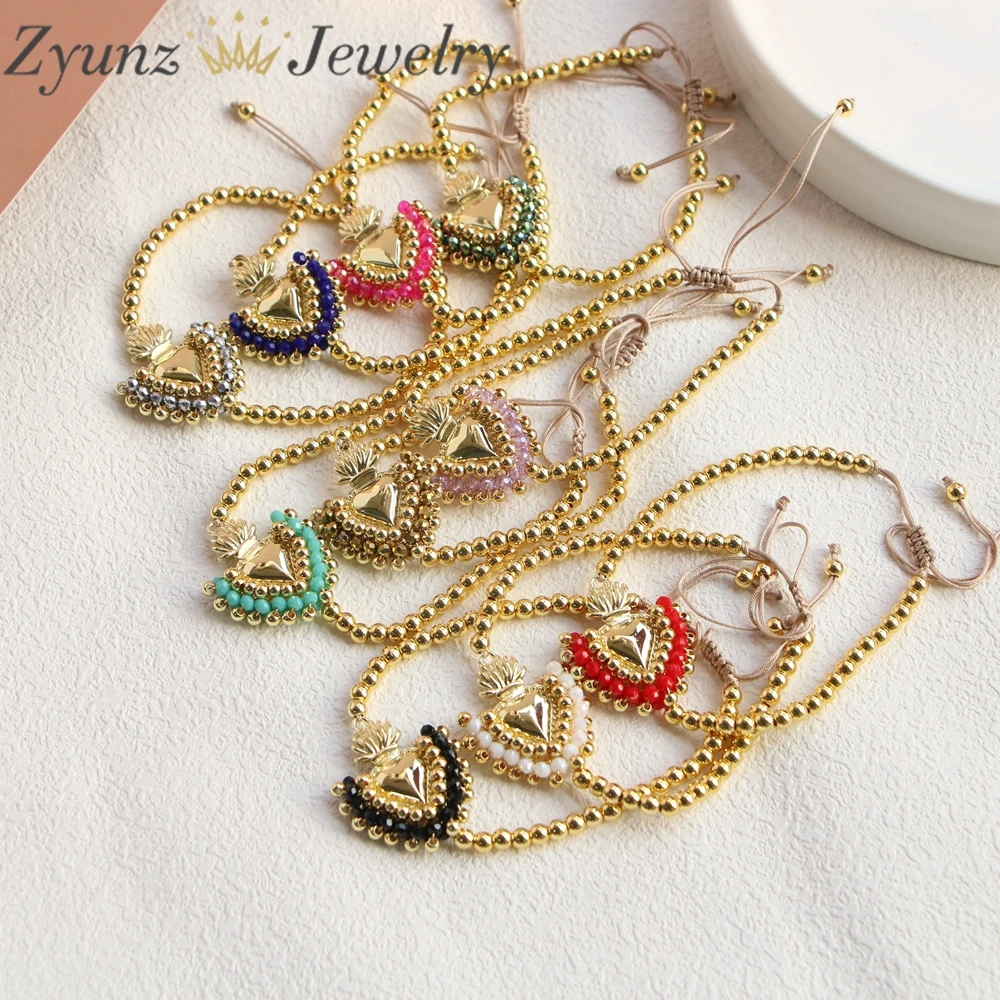 5PCS, Gold Color Beaded Bracelets for Women Jewelry Crystal Heart Charm Bracelet Adjustable Rope Pulseras