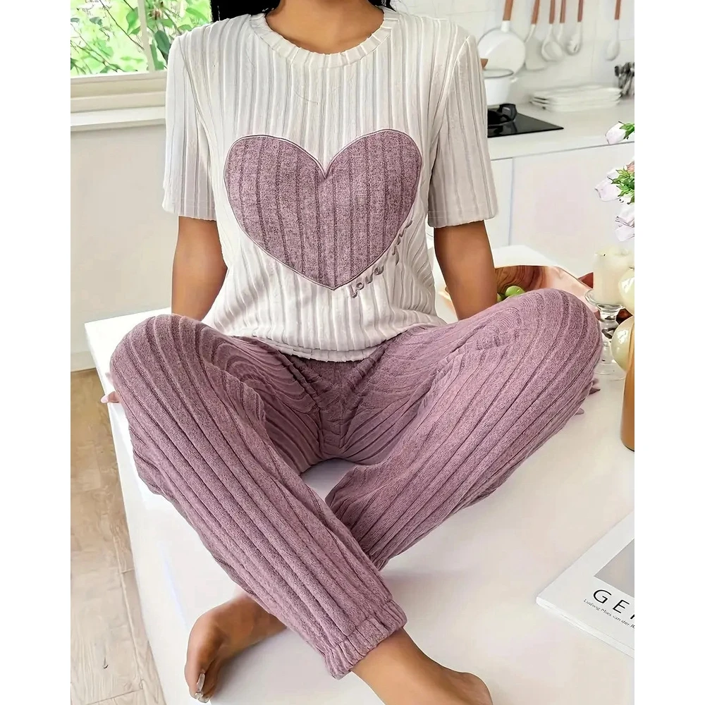 Two Piece Set Women Top and Pants Women Short Sleeve Heart Pattern Top and Pants Set Casual Outfits Loungewear Women