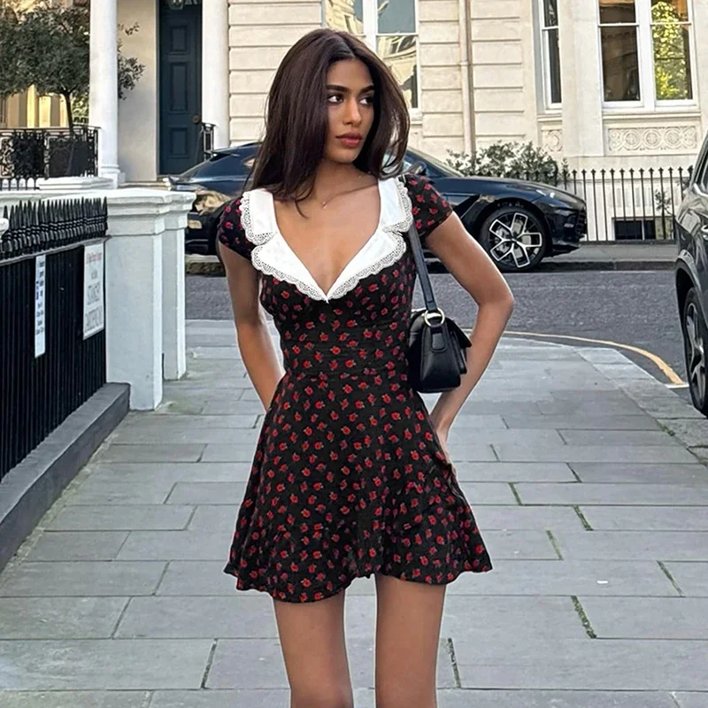 

Elegant High Waist Dress For Women Lapel Rose Printed A-line Mini Dress Lady Short Sleeve Contrast Splice Vacation Dress
