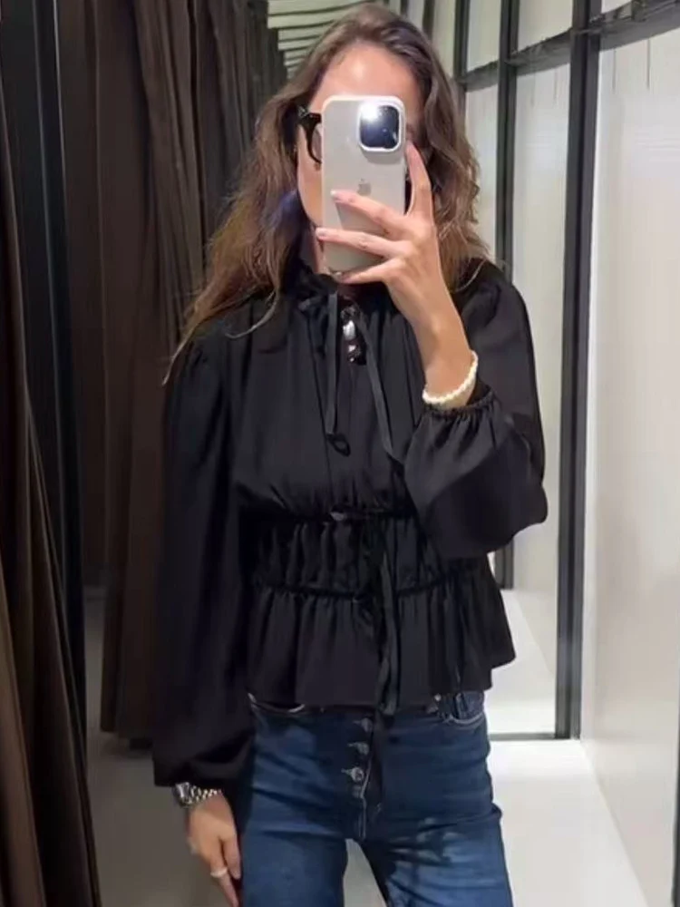 2026 nova mulher arco rendas até camisas casuais manga longa babados gola ajuste camisa feminina cor sólida moda blusa topos