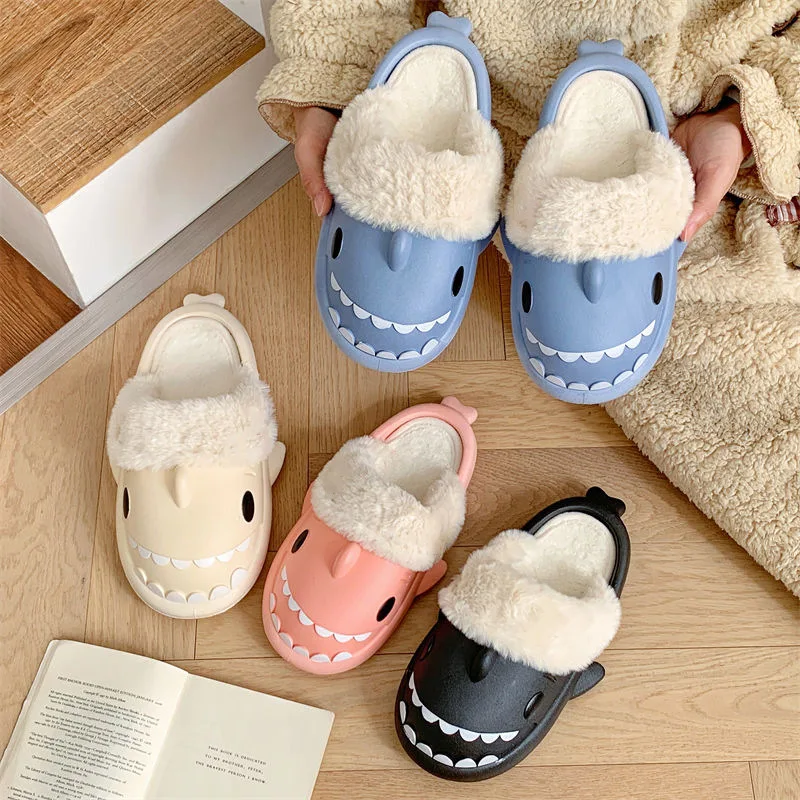 Winter Fashion Buttons Shark Slippers Men Cool Warm EVA Slides Couple Home Cotton Non-slip Flat Sandals Adults Soft Flip Flops