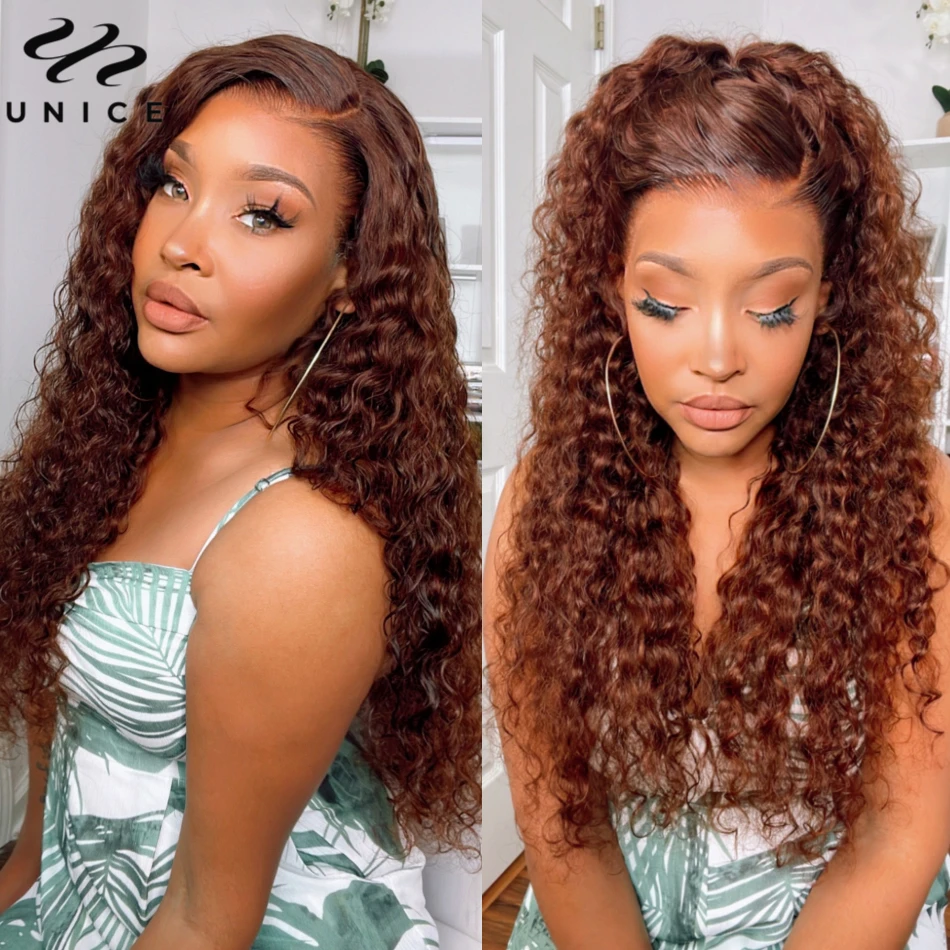 Reddish Brown Water Wave 13x4 Lace Front Wig Virgin Human Hair Pre Plucked Lace Wig Dark Auburn Human Hair Frontal Wigs