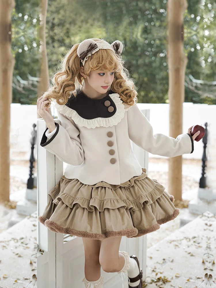 With Puji Original Design Academy Style Long OP Dress/Coat Skirt Autumn/Winter LO Three Piece Set Lolita Sweet Loli Clothing