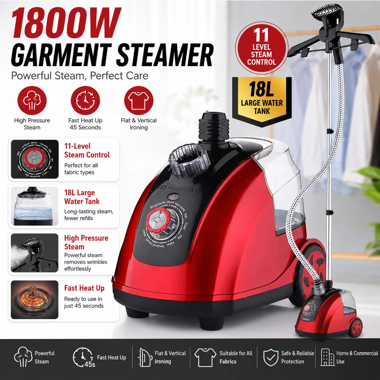 Vaporizzatore per indumenti da 1800 W, modello verticale, con controllo del vapore a 11 livelli, serbatoio dell'acqua da 18 litri, riscaldamento rapido, ideale per stirare a vapore tessuti, rimuovere