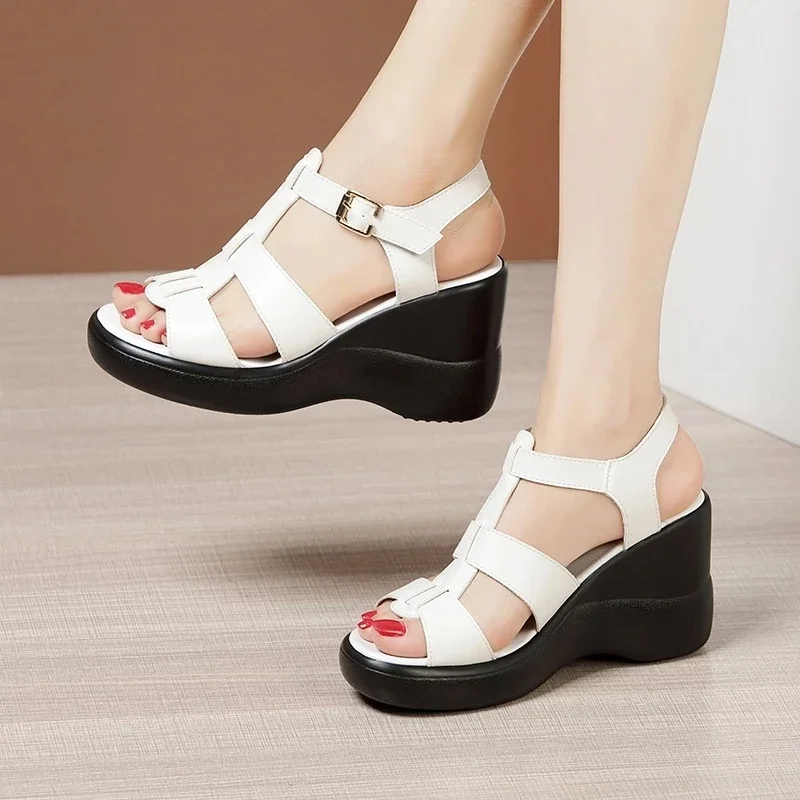 BEYARNE Wedge Heel Sandals Women Summer  New High Heel Platform Fashion White Sandals