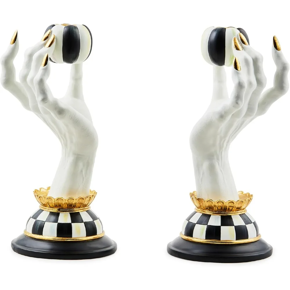 

MACKENZIE-CHILDS Haunted House Spooky Hand Candle Holders, Black-and-White Halloween Centerpiece Table and Room Decor, Holds 2 D