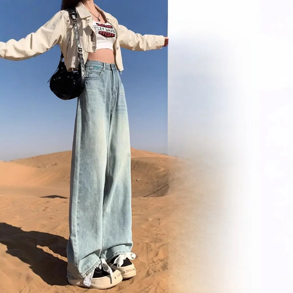 

Light Blue Wide Leg Jeans for Women High Waist Slimming Straight Leg Pants Spring Autumn Winter New Design Sense