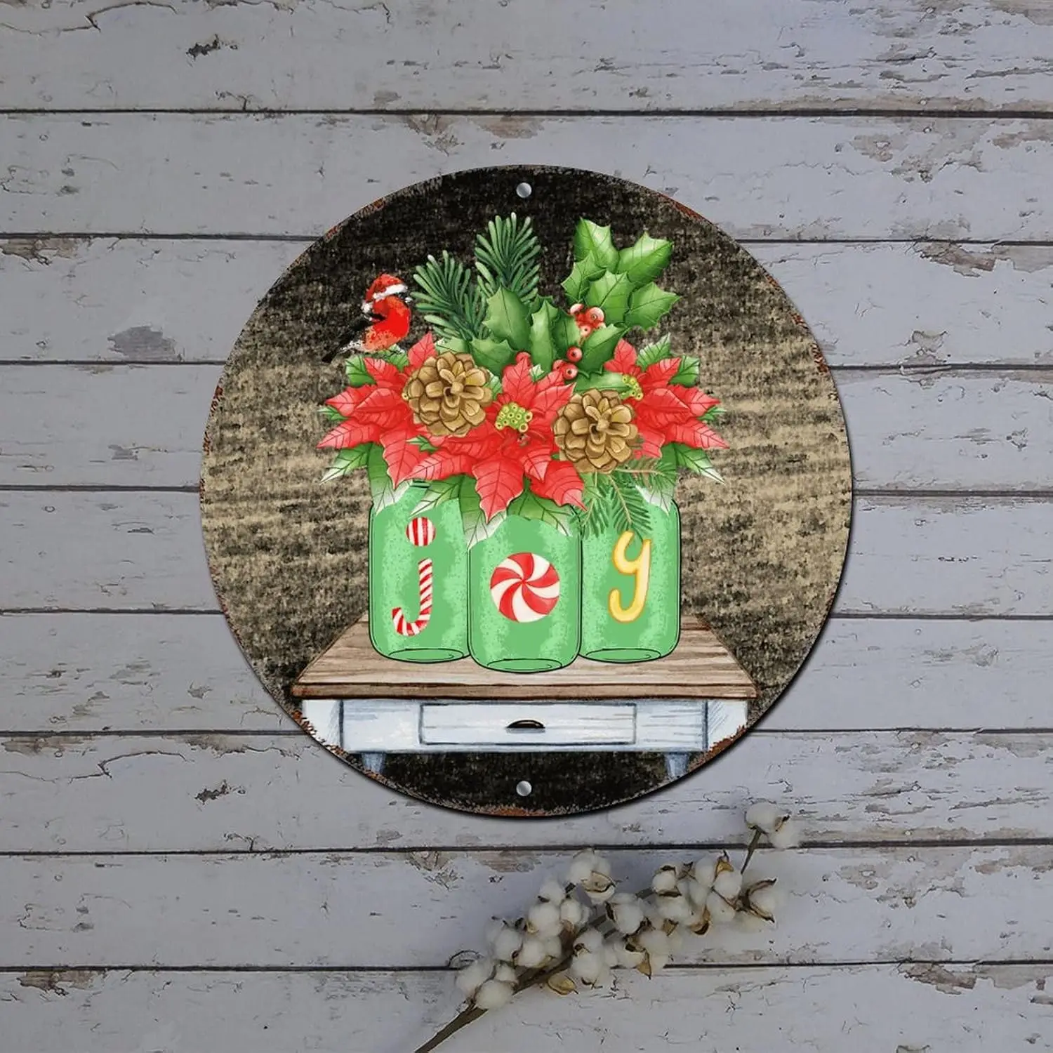 Merry Christmas Door Sign Poinsettia Vase Joy Wood Grain Round Metal Tin Sign Christmas Door Decor Vintage Aluminum Sign for Bar