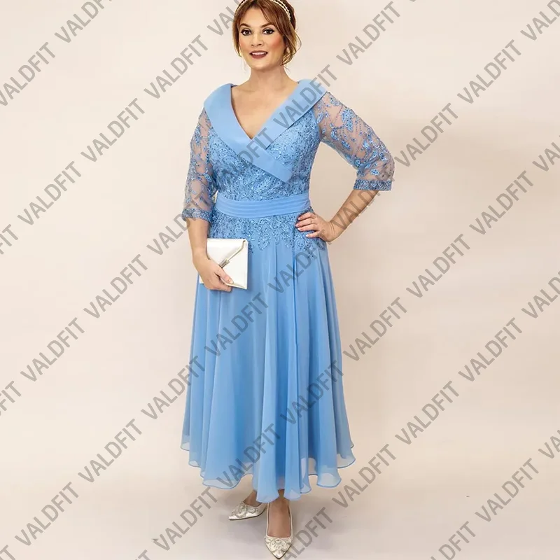 

Customized Plus Size Ankle Length Blue Mother of the Bride Dresses for Weddings with Sleeves Guest Dress Robes Invitee Mariage
