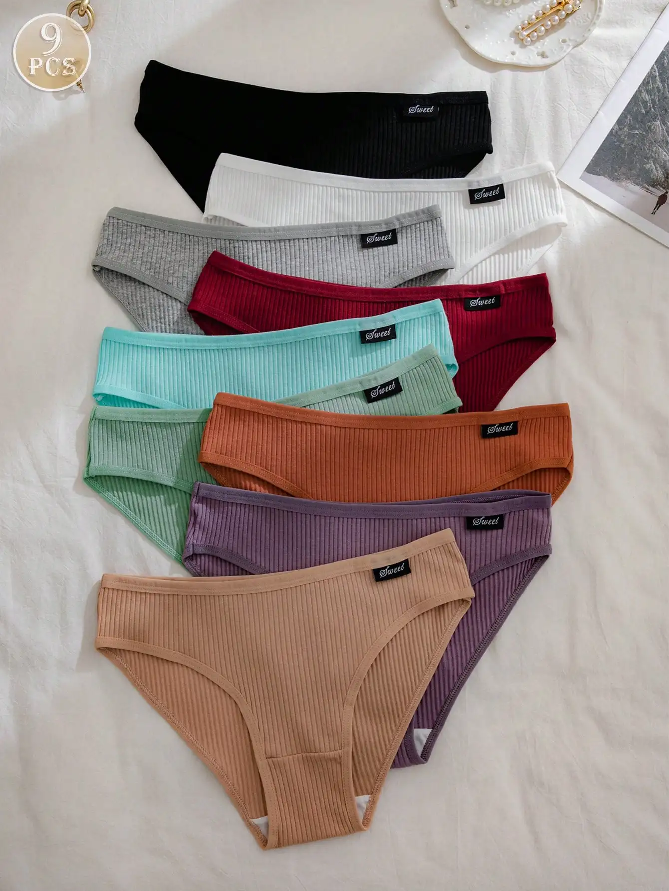 9Pcs Morandi Vertical Ribbed Cotton Women Panties, Low Waist Hipster Briefs, Breathable Cotton Crotch Simple Ladies Underwear Se