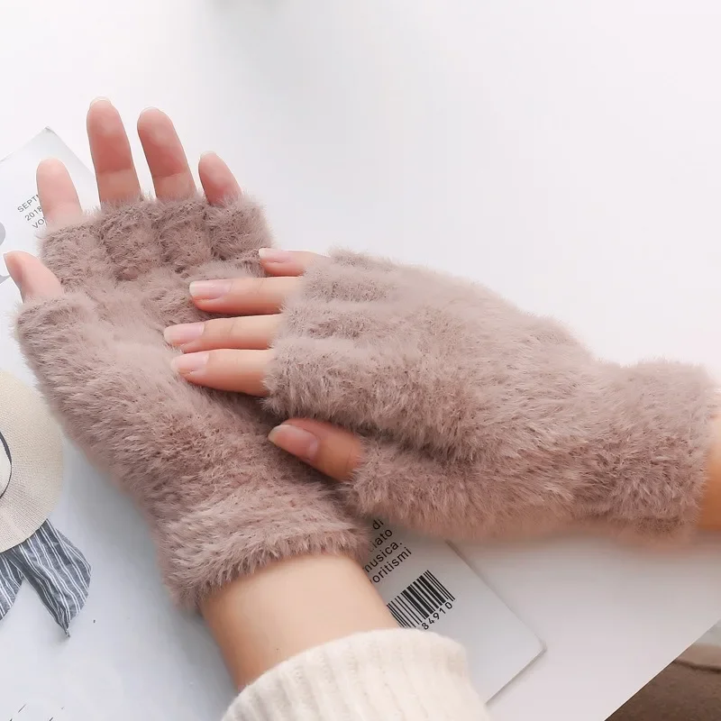 Half Finger Imitation Mink Cashmere Gloves for Men and Women, Touch Screen Writing, Woolen Warm Mittens for Driving