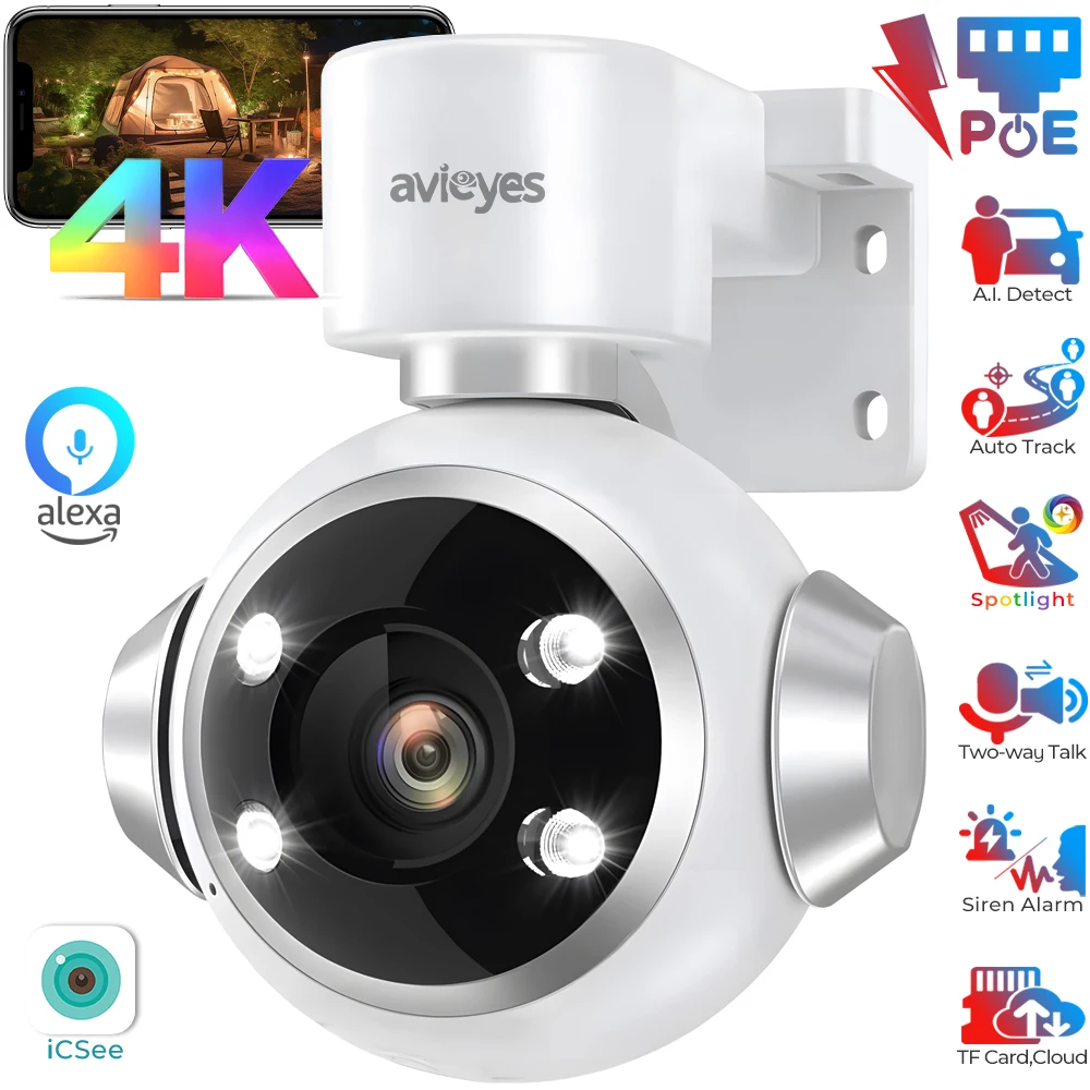 4K UHD PoE PTZ Camera Outdoor Pan Tilt Auto Tracking Security Camera AI Detect Color Night 24/7 2 Way Talk Surveillance Camera