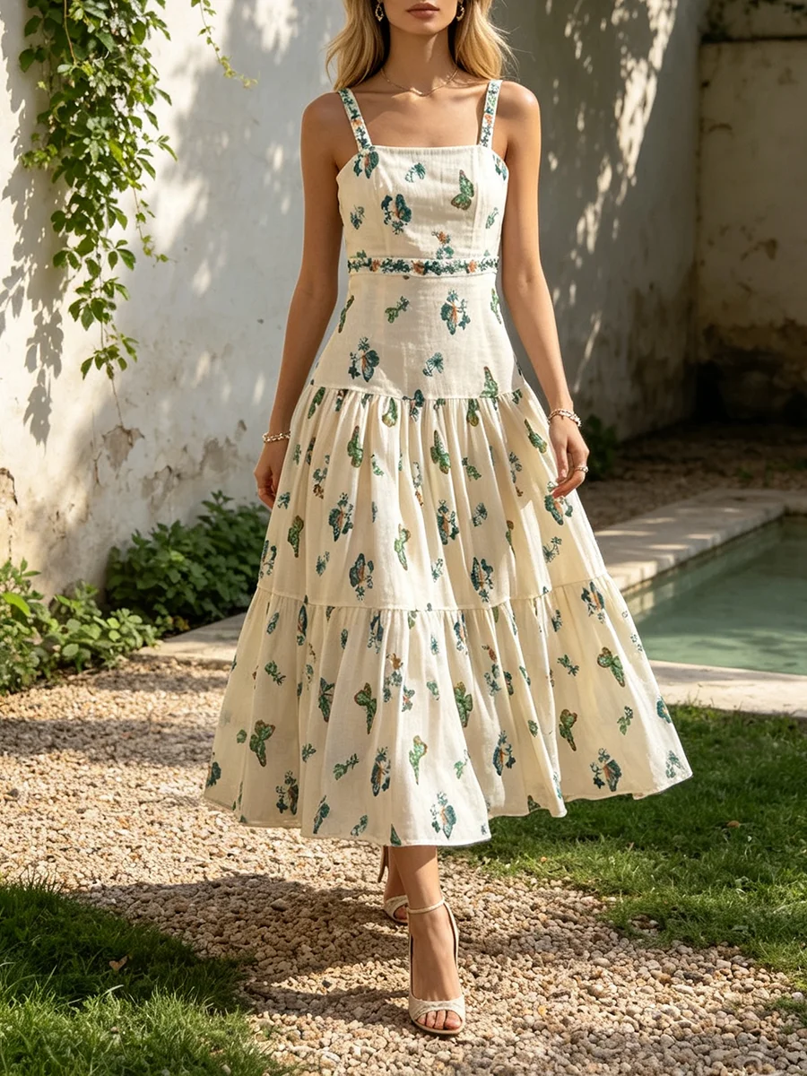 TWOTWINSTYLE Colorblock Spliced Print Loose Maxi Dress for Women Square Neck Sleeveless Patchwork Folds Casual Dresses Female