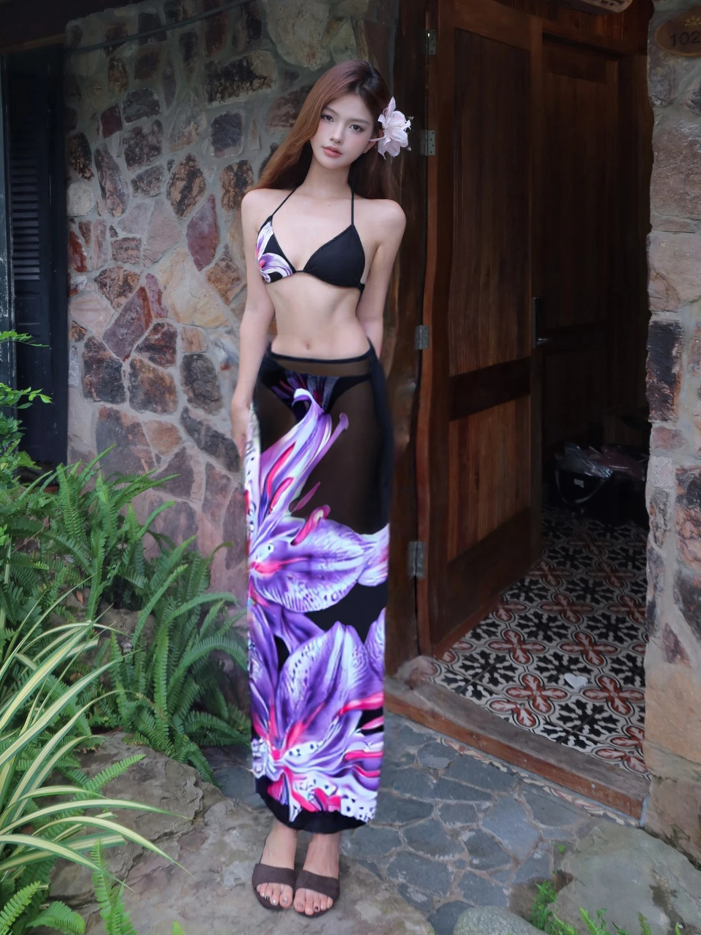 エキゾチックなトロピカルフラワープリントビキニセット女性用ハーフレングススカートスリーピース水着セクシーな休暇スタイルセパレート水着