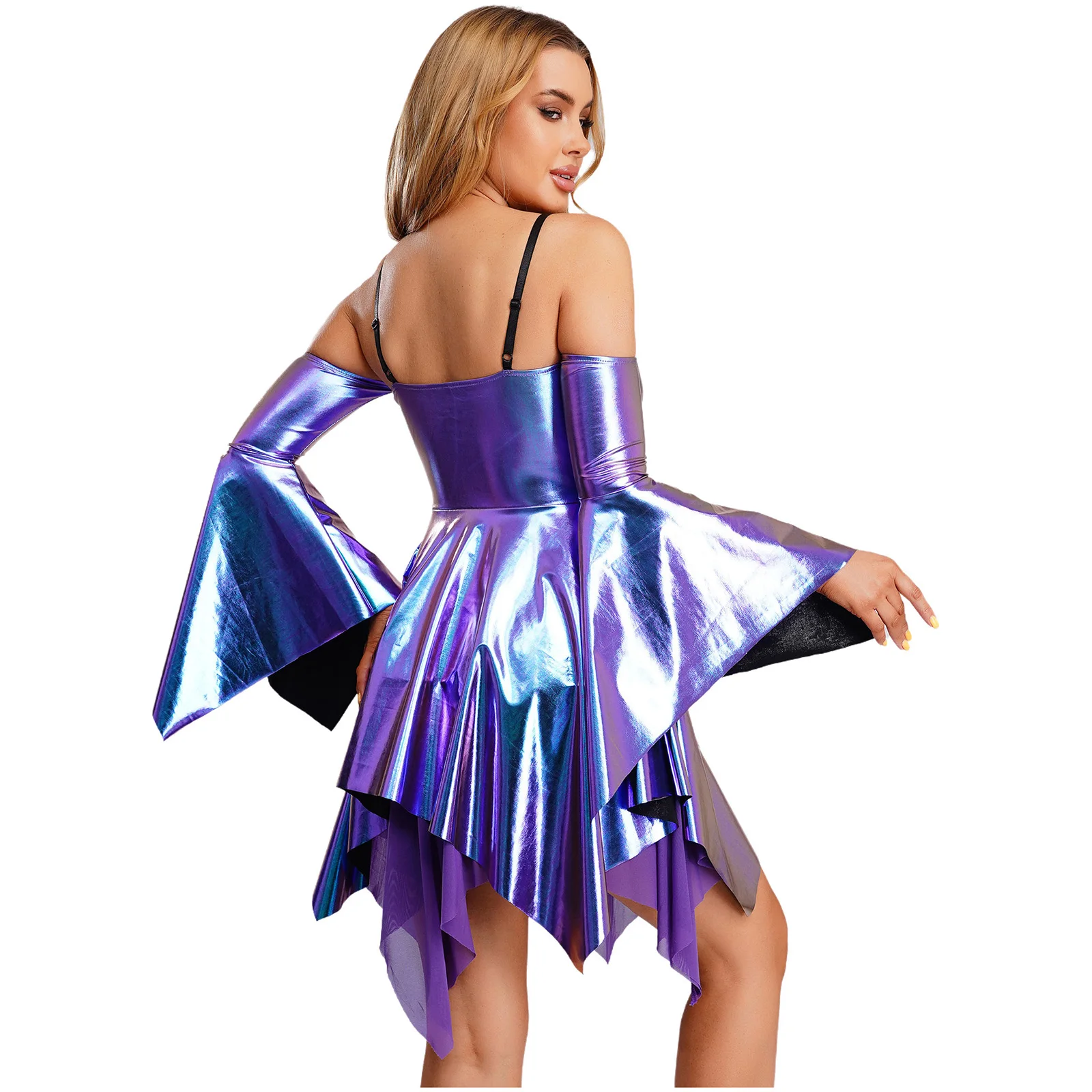 Women Adult Disco Party Metallic Dance Dress Long Sleeve Camis A-line Fashion Dress for Party Raves Nightclub High Look Outfits