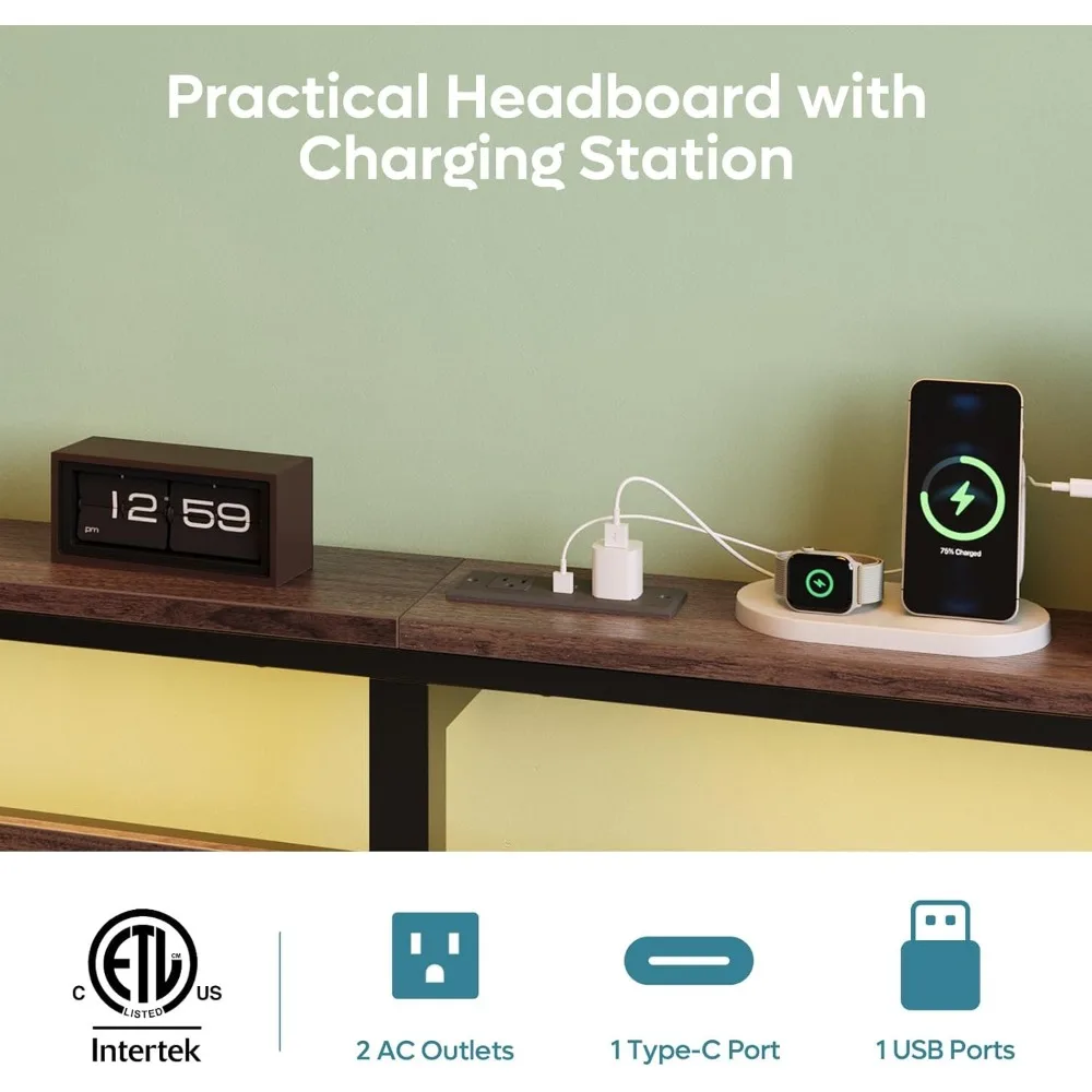 Bestier Full Bed Frame with Headboard Storage and Charging Station, Walnut Platform Bed Frame with LED Light, Non-Slip Metal Bed