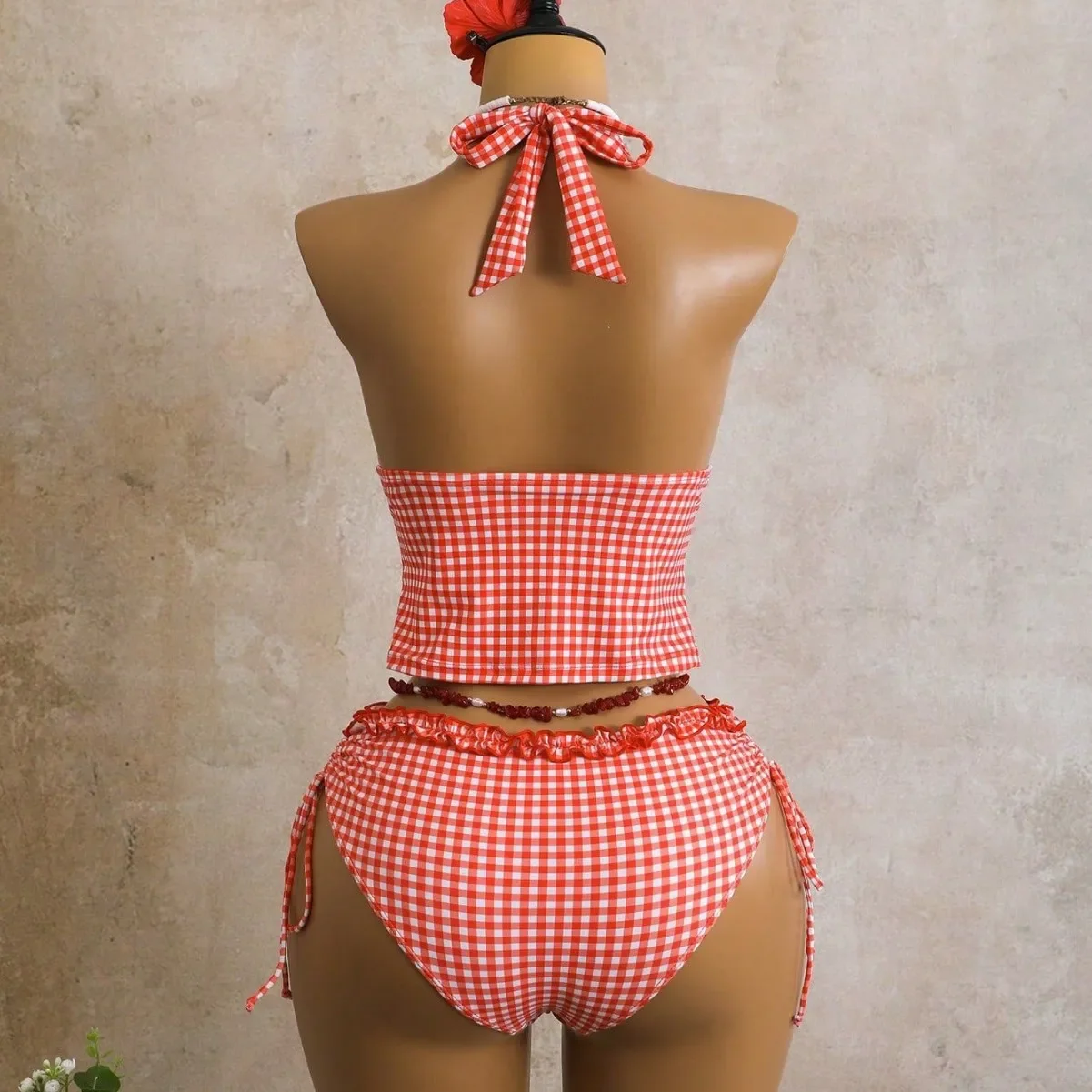 2026 New Retro Plaid Neck Split Swimsuit Women's Slim V-neck Ruffle Edge Strap Bikini Vacation Bathing Suit Women Swimming Suit