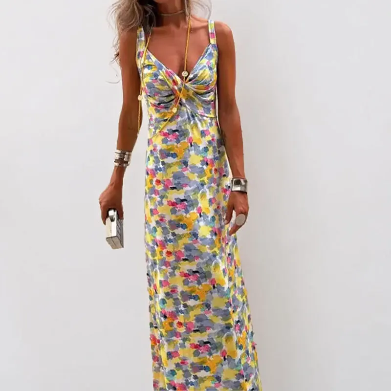 

TOY-2025Spring New Women's Fashion Elegant Pastoral Style Floral Strap Dress