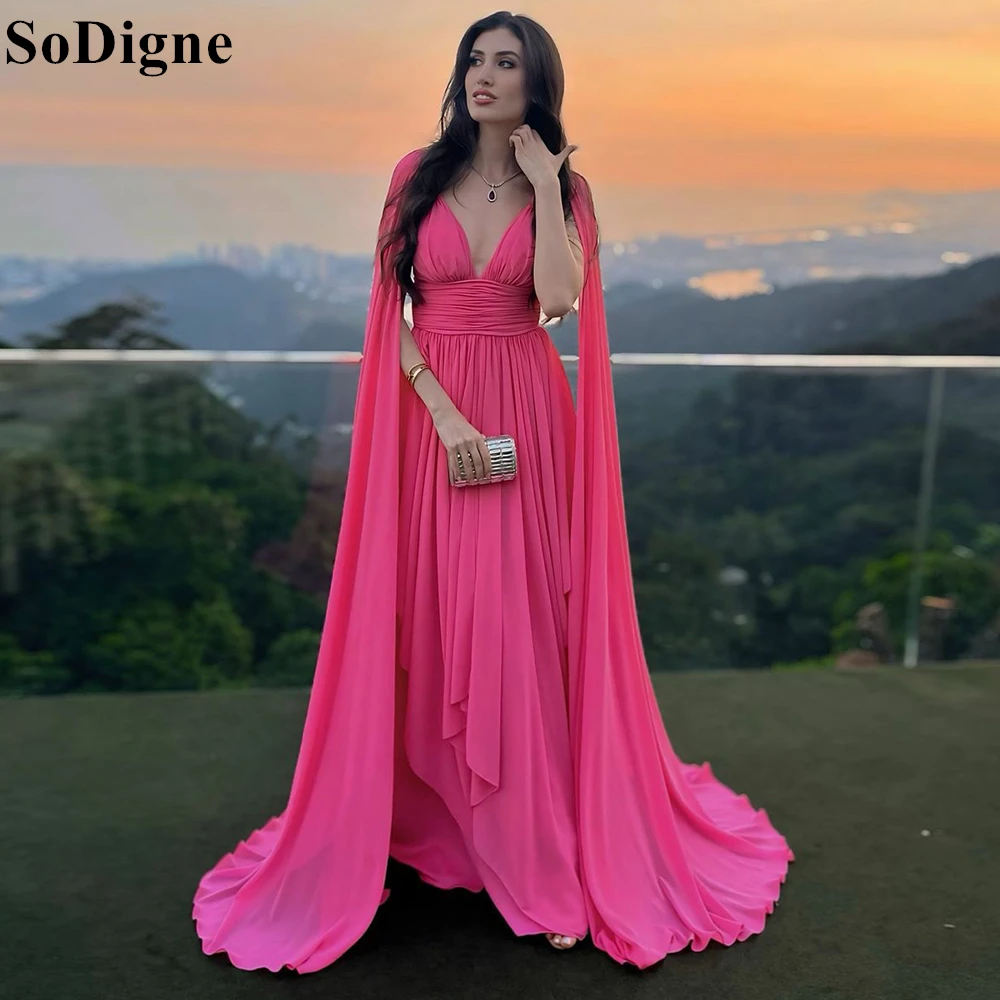 

SoDigne Fuchsia Chiffon Evening Dresses Spaghetti Straps V-Neck A-Line Cape Pleated Party Dress 2024 Formal Prom Gowns for Women