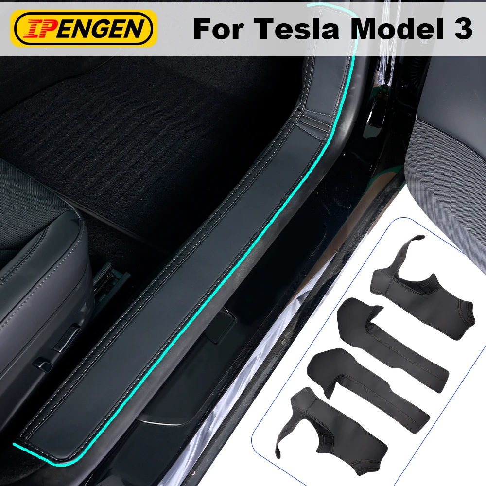 

IPENGEN 4PCS For Tesla Model 3 Front Rear Door Sill Pad Door Welcome Pedal Threshold Strip Leather Car Accessories