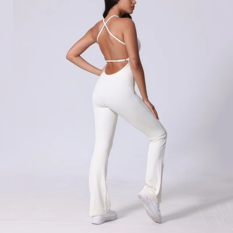

Nylon White Tank Top Sportwear Fitness Yoga Wear Set Workout Flare Legging One Piece Jumpsuit Pant Exercise Workout Bodysuit