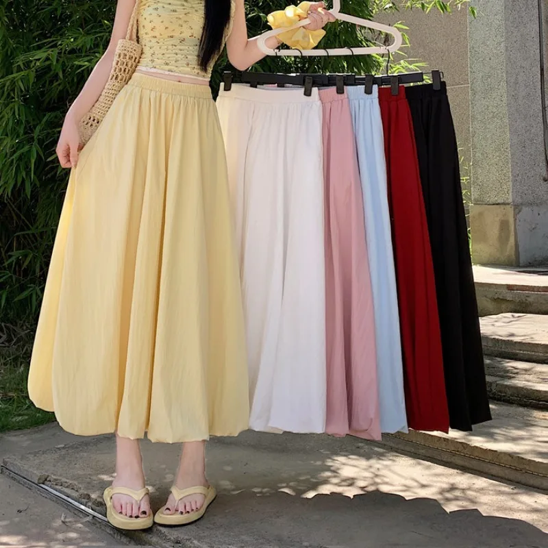 

High Waist Slimming Flower Bud Long Skirt A-Line Lantern Skirt Pure Color Design Summer New Style plus Size Women's Skirt