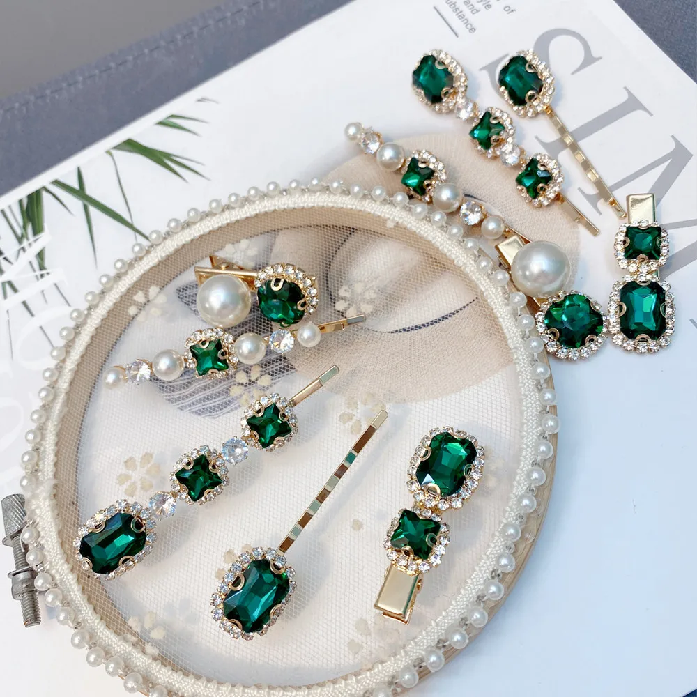 Fermagli per capelli da donna Set gioielli moda accessori per capelli in cristallo verde simulazione di lusso perla Barrette Pin per ornamenti