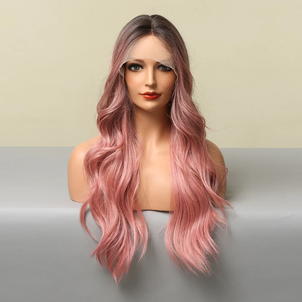 CharmSource-Longo Natural Ondulado Cabelo Lace Front Perucas para Mulheres, Peruca Rosa, Alta Densidade, Resistente ao Calor, Festa Cosplay