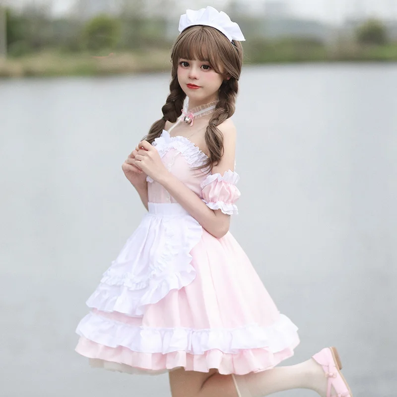 White Pink Lolita Dress Anime Cosplay Classical Sweet Style Kawaii Role Play Costumes Restaurant Waitress Uniform Slash Neck