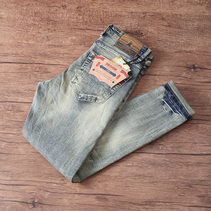 Spring and Autumn High end Jeans for Men, Retro, Rascal, Handsome, Piercing, Trendy, Slimming, Small Foot Pants