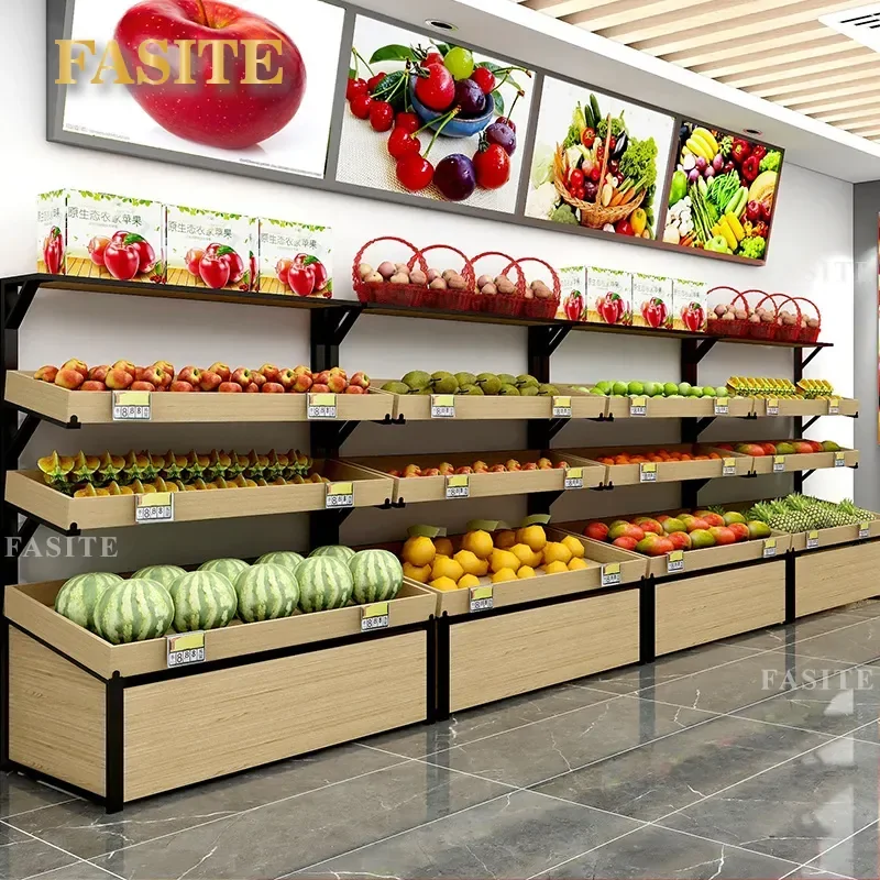 For Fruit Store Supermarket Commercial Shelves Multi Layer Fresh Produce Display Rack Steel Wood Vegetable Shelf Heavy Duty