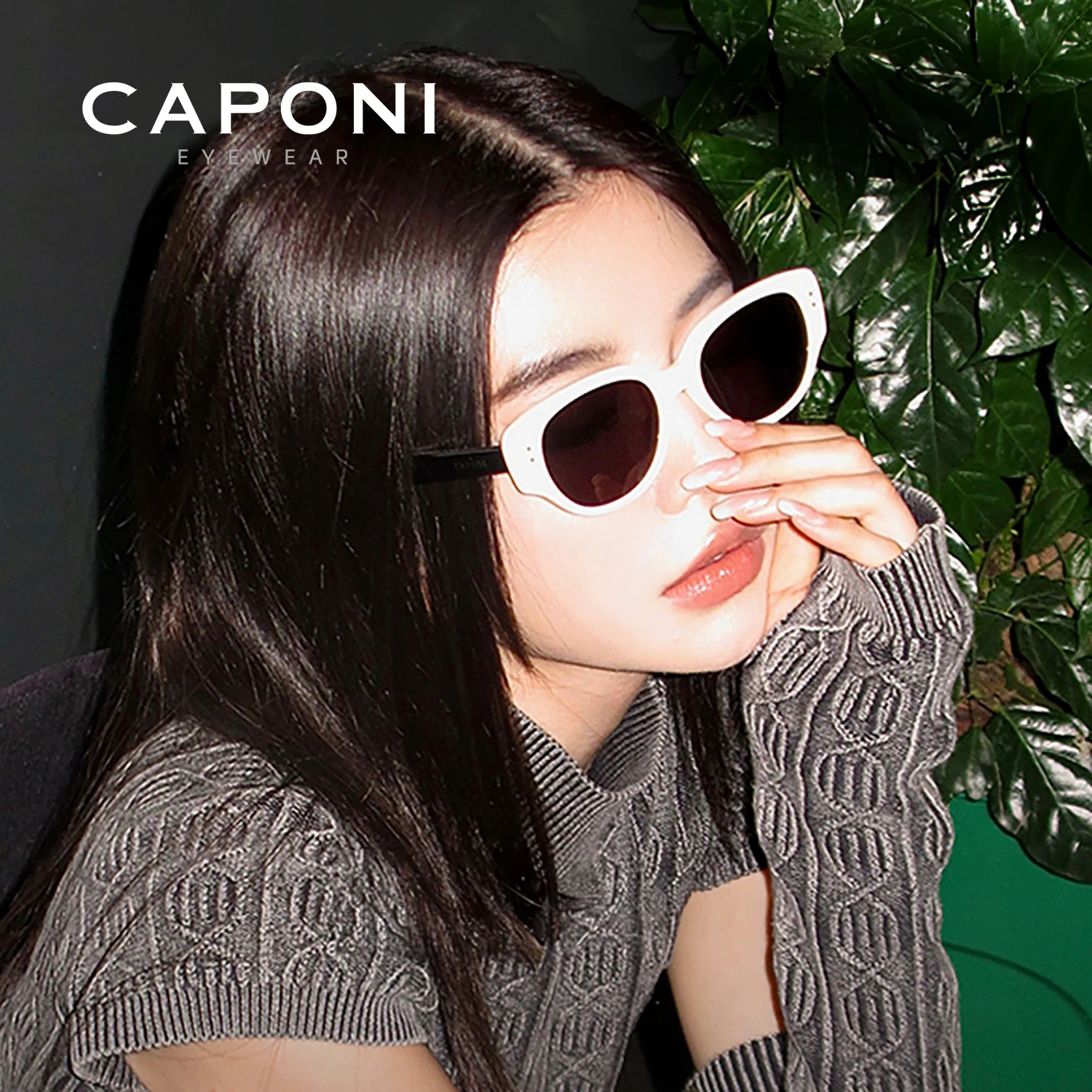 CAPONI Cat Eye Women Sunglasses Fashion Polarized Black Shades For Female UV400 Protect TR-90 Frame Trending Sun Glasses CP7563