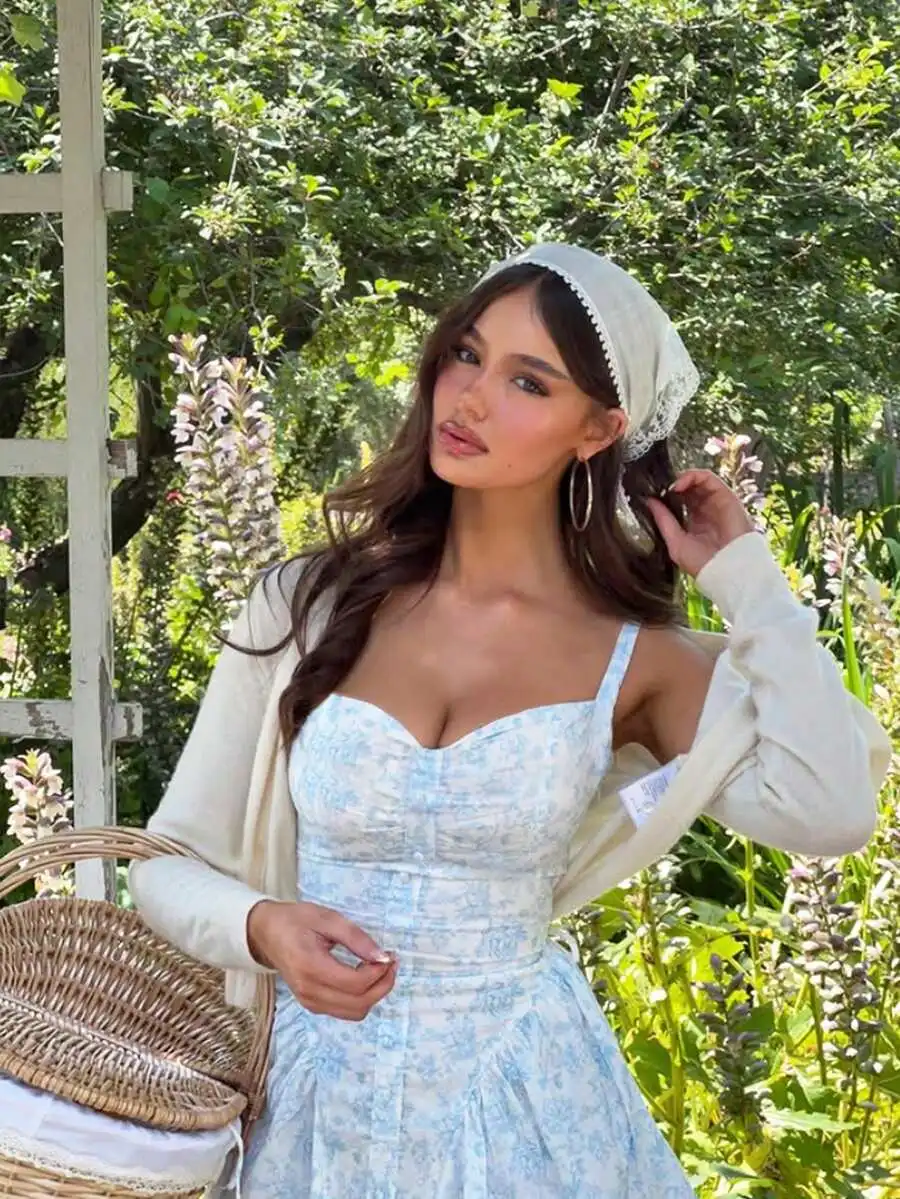 

Elegant Bohemian Floral Dress With Ruffle Hem Pleated Lace Trim Tie Shoulder Mini Summer Dress