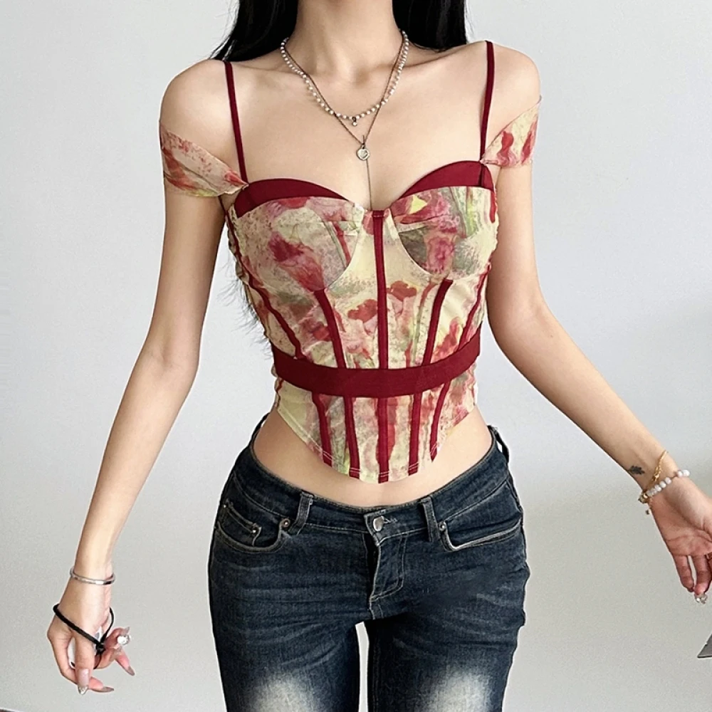 SylCue Fashion Print Vest Women Irregular Off Shoulders Patchwork Navel Exposed Sexy Fashion Versatile Style Skinny Tank Tops