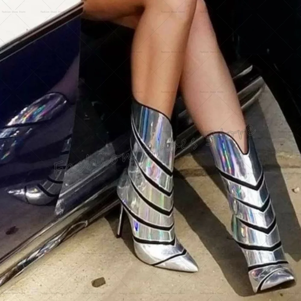 

Silver Pointed Toe Patent leather Boots Fashion Women Shoes Stilettos High Heels Party Banquet Dating 2025 Zapatos Para Mujere