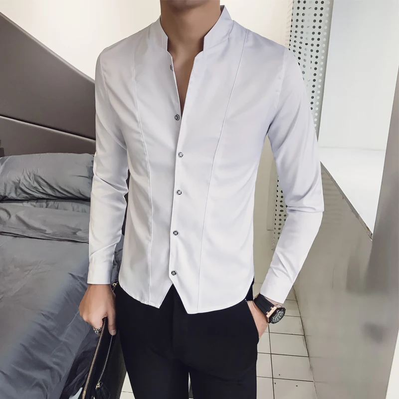 

Men's New Casual Dress Spring Long Sleeved Shirt Slim Fit Standing Neck Solid Color Business Formal Shirt 4XL-M Luxury Clothing