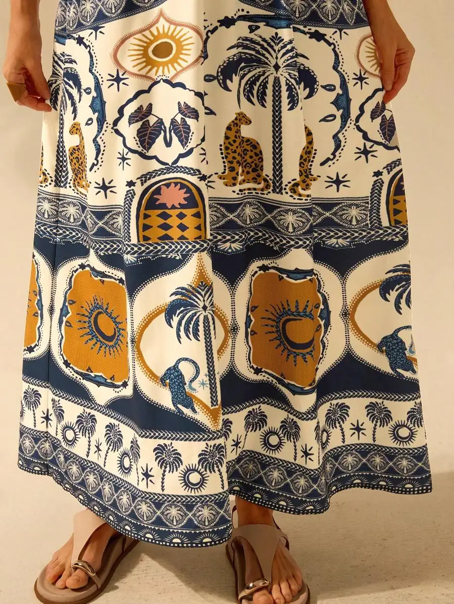

Women Boho Leopard Palm Tree Monstera Tropical Print Vacation Casual Summer Beach Dress