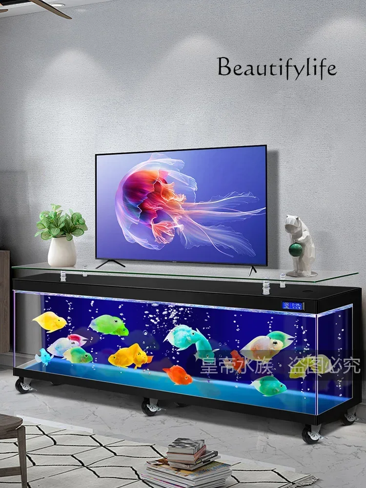 TV Cabinet Fish Tank with Pulley Movable Super White Glass Floor Living Room New Aquarium