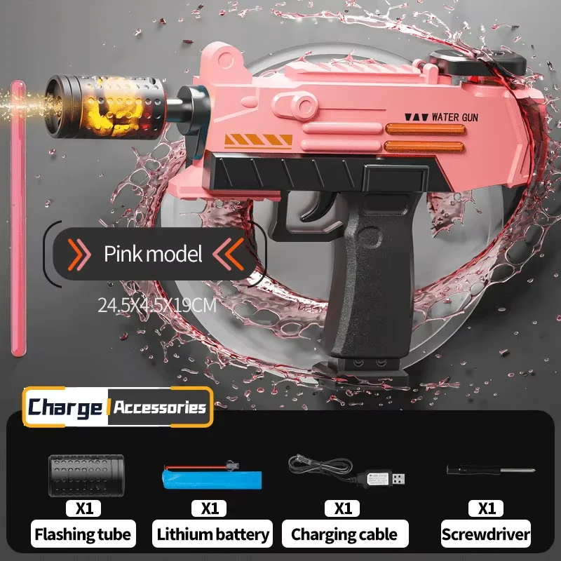 

Continuous Firing Pool Water Gun UZI Electric Water Gun With Light Flashing Pistol Summer Outdoor Water Fights for Adults Kids